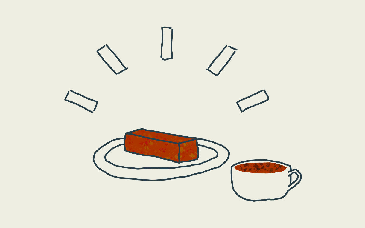 An illustration of an Exploding Bakery cake next to a cup of coffee 