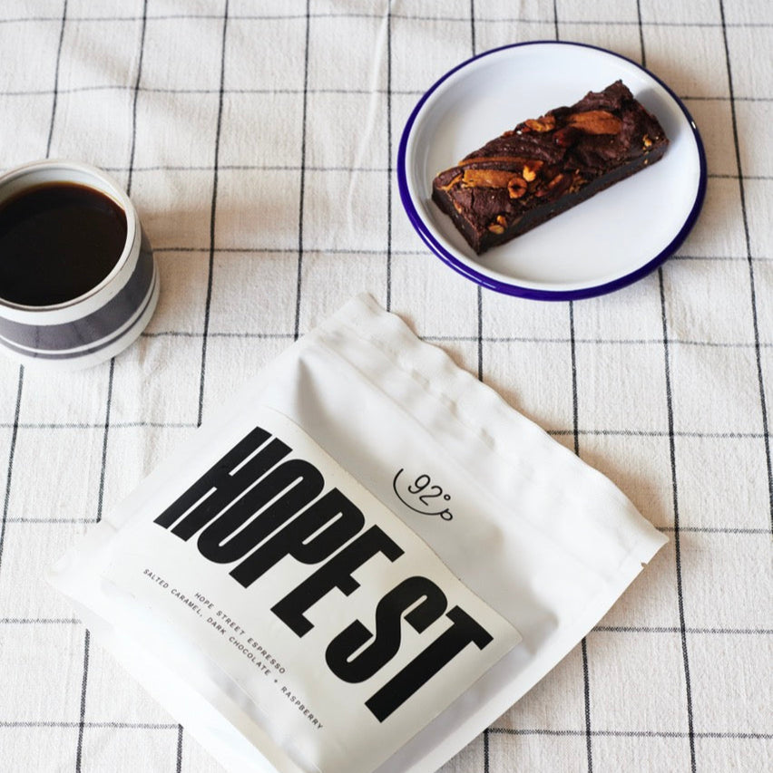 our Coffee and Cake Gift Box Photographed from above on a table.