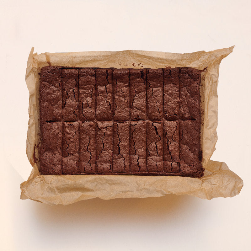 The Exploding Bakery Almond Brownie Traybake viewed from above.