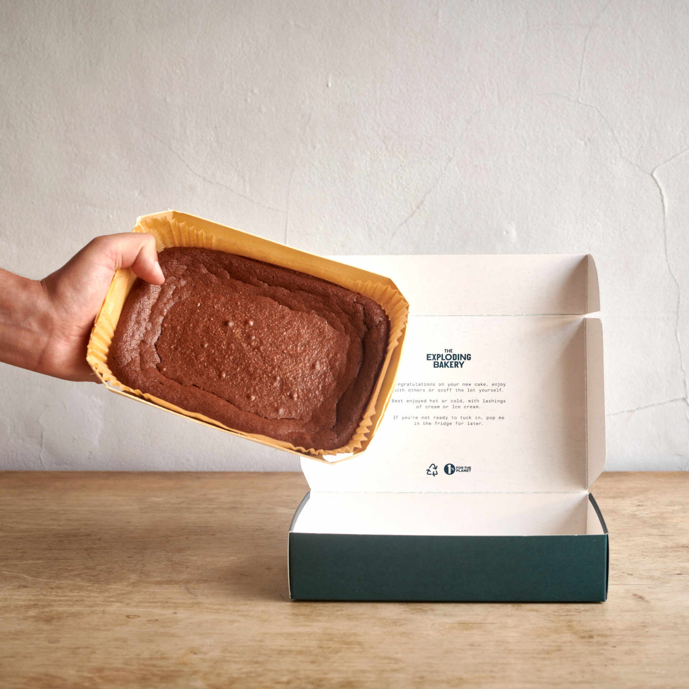 Exploding Bakery Almond Brownie Cake and packaging.