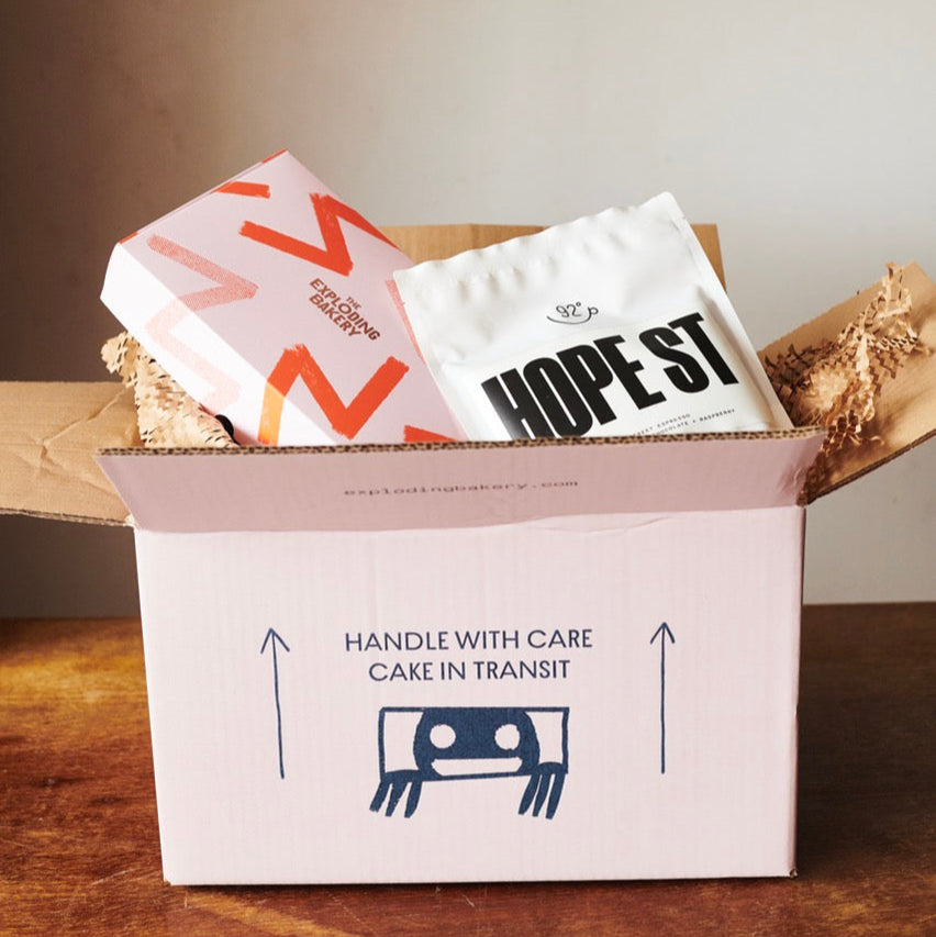 our Coffee and Cake Gift Box Photographed from the side.