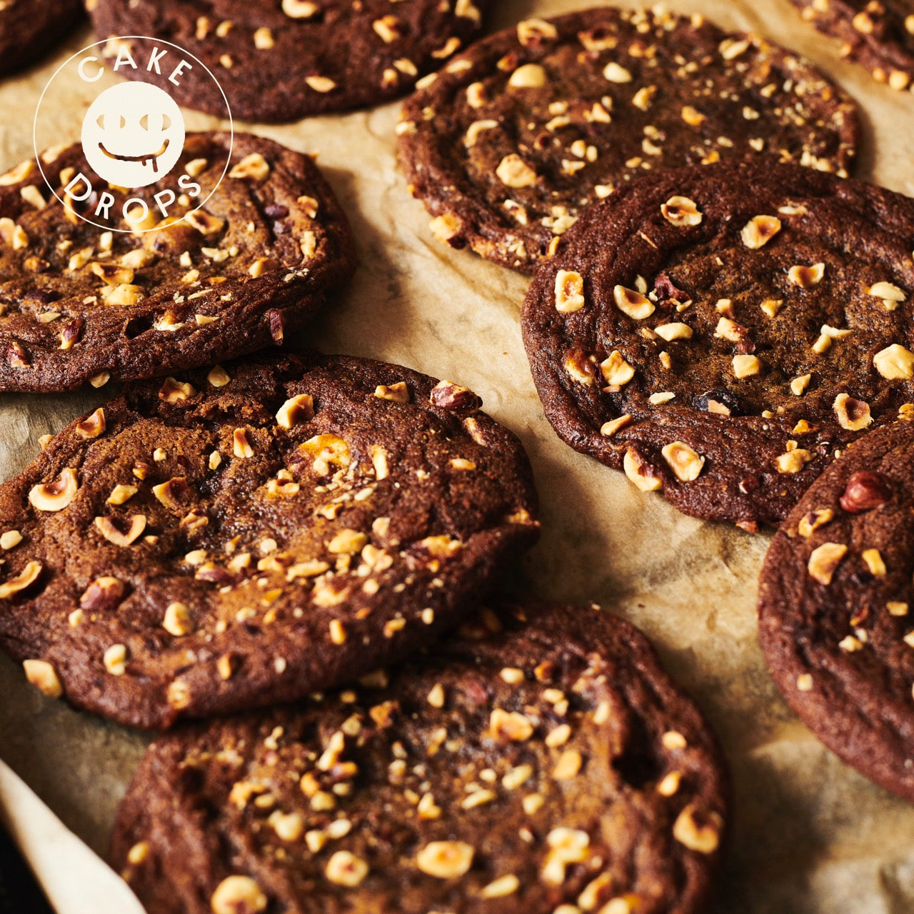 close up of Hazelnut, Miso & White Chocolate Cookies photographed in a baking tray