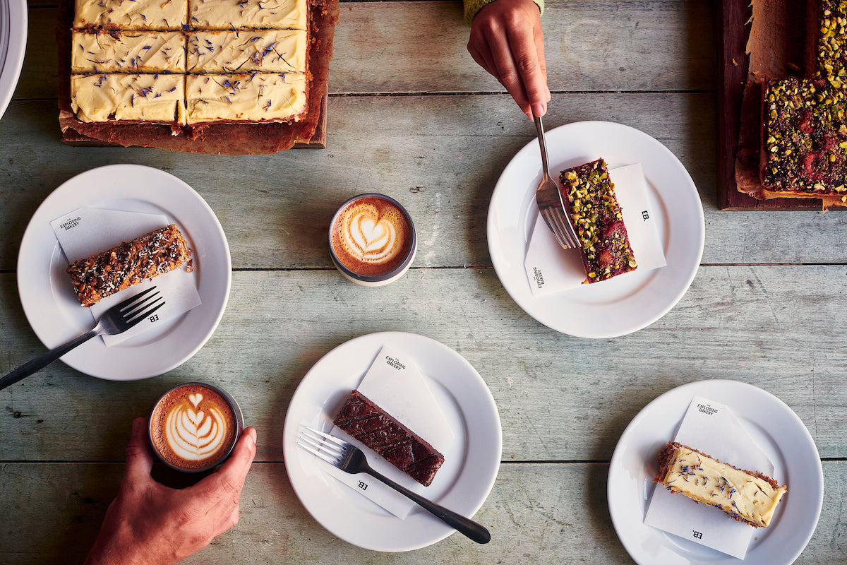 People Eating Cake and Coffee From Above